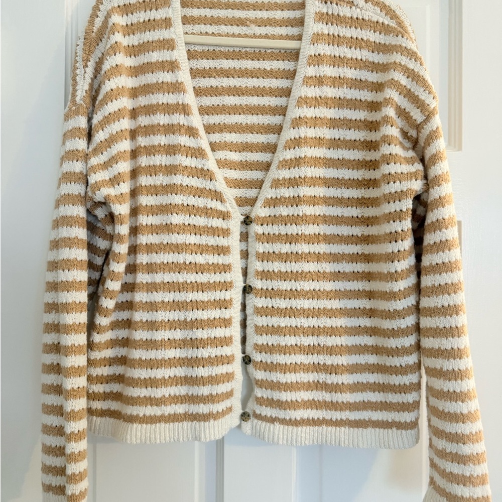 Madewell Tan and White Striped Cardigan